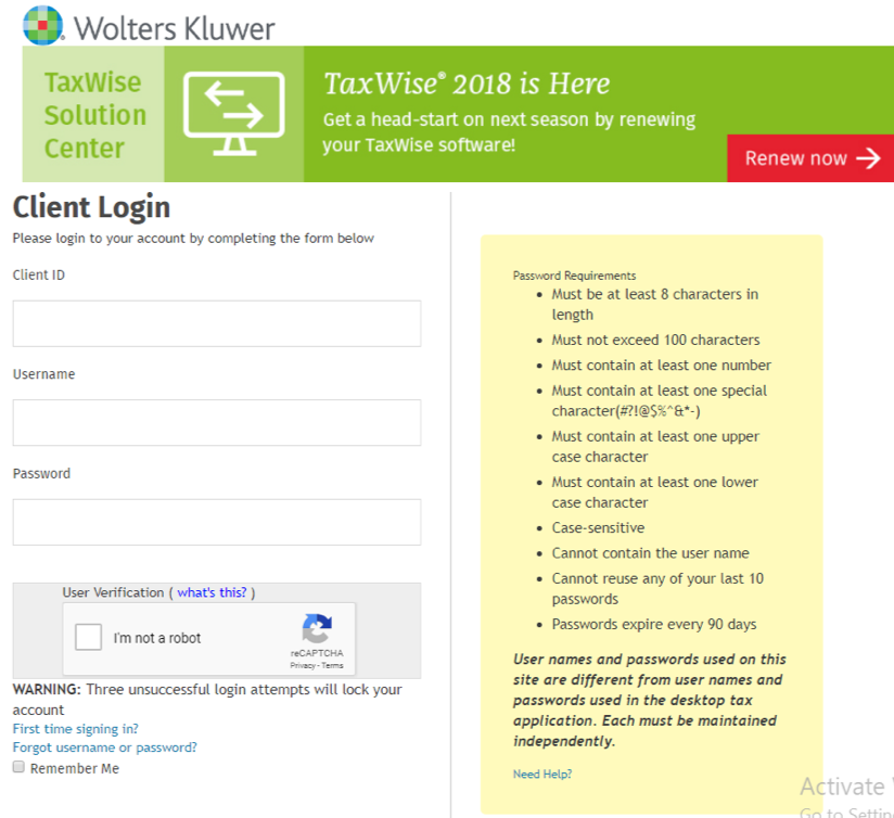 client login Taxwise login page