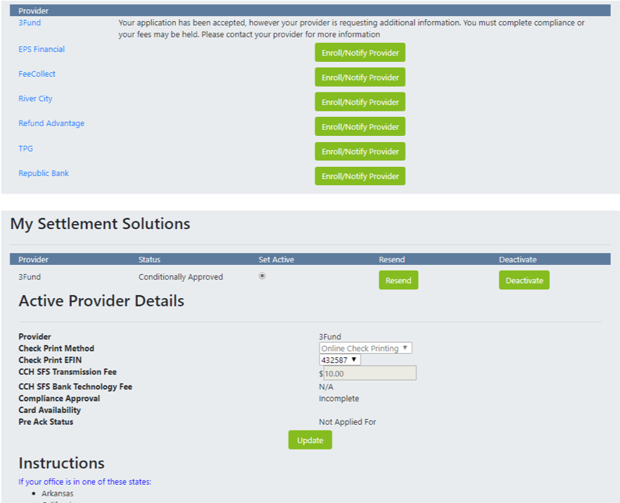 my settlement solutions active provider Settlement provider details